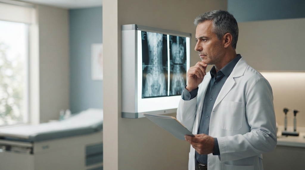 Médico perito analisando laudos e exames com atenção